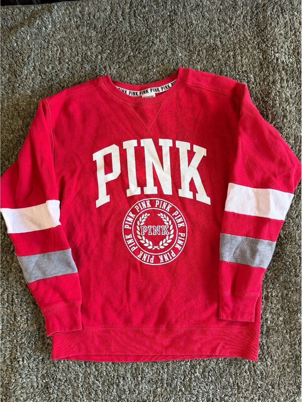 PINK Victoria's Secret Red Crewneck Sweatshirt XS White and Gray Sleeve Strips